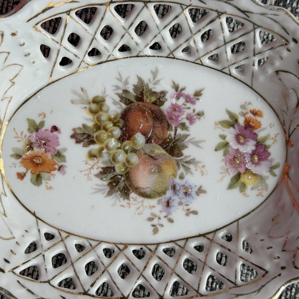 Vintage Reticulated‎ Porcelain Trinket Dish Gold Trim Floral Vanity Tray Handles
